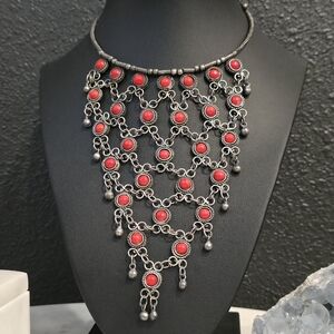 Vintage Tribal Style Silver-Tone Bib Necklace – Intricate Jaali Pattern